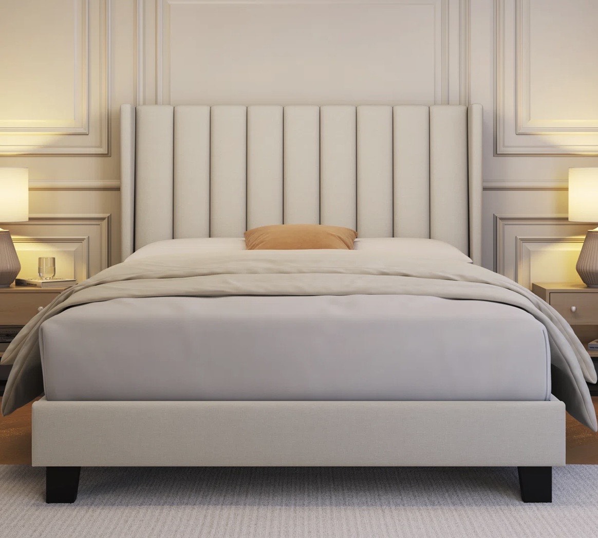 Oak & Aura Upholstered Bed Frame with Channel Tufted Headboard