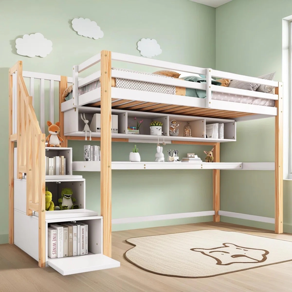 Oak & Aura Kids Loft Bed with Staircase & Built-in Desk