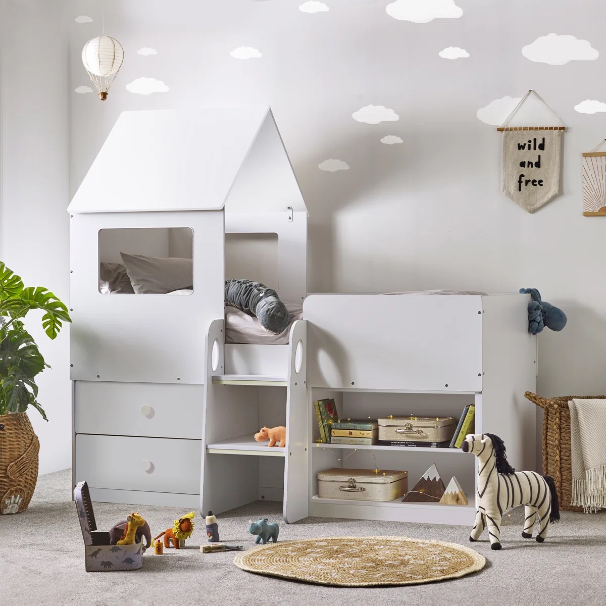 Oak & Aura Kids Single (3') Loft Bed With Mattress