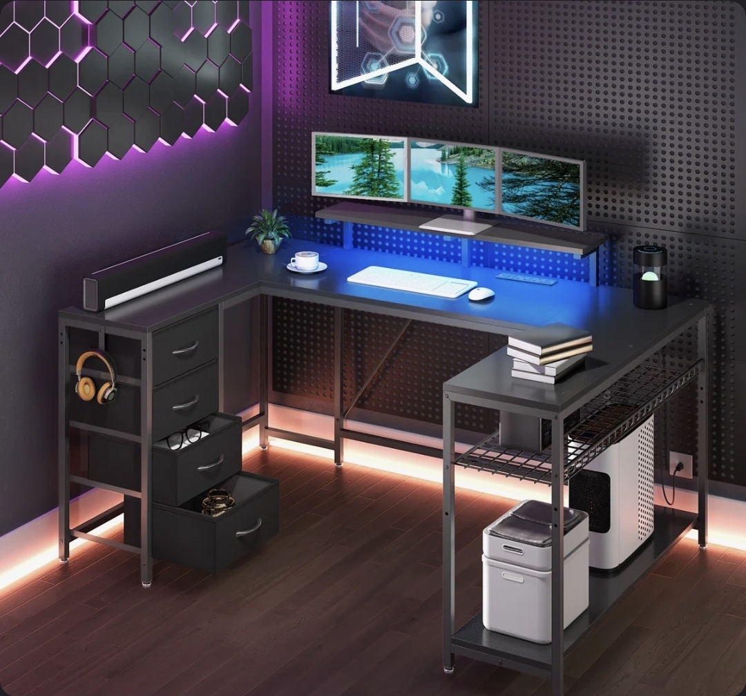 Oak & Aura's  L- Shaped Metal Base Computer Desk with Power Outlet