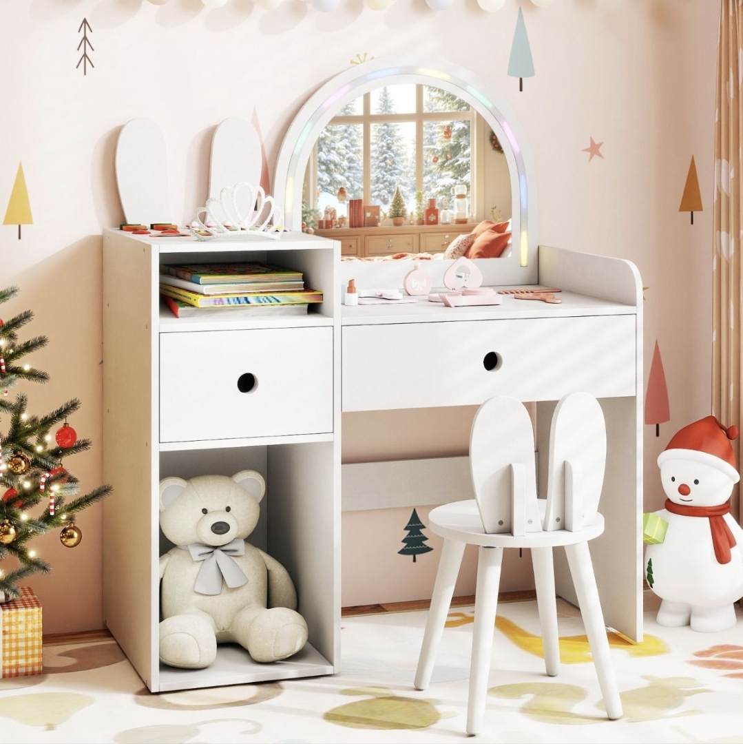 Oak & Aura's Kids Vanity Table and Chair Set with Lighted Mirror