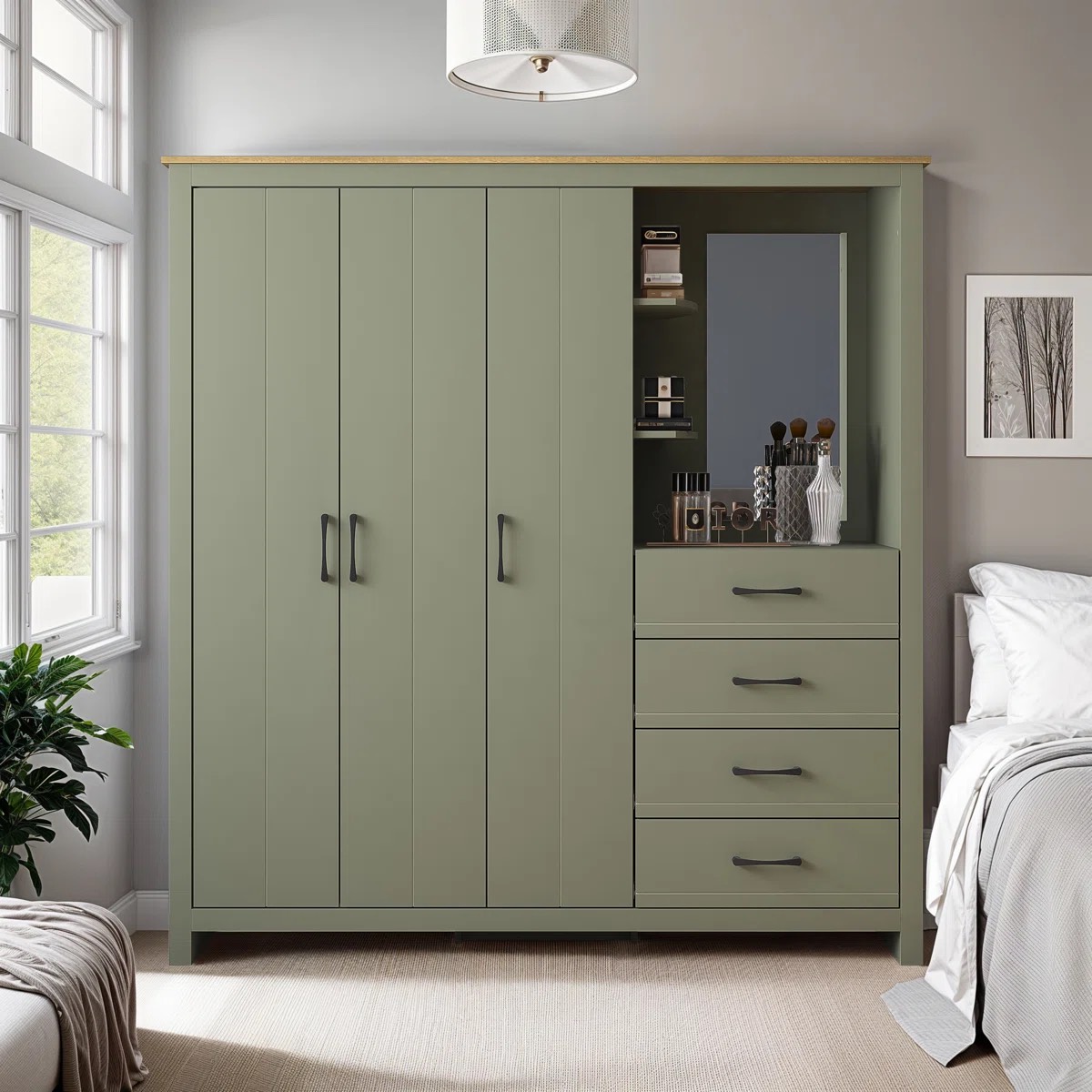 Oak & Aura Combi Fitment Wardrobe,colors available kale green, light grey , white